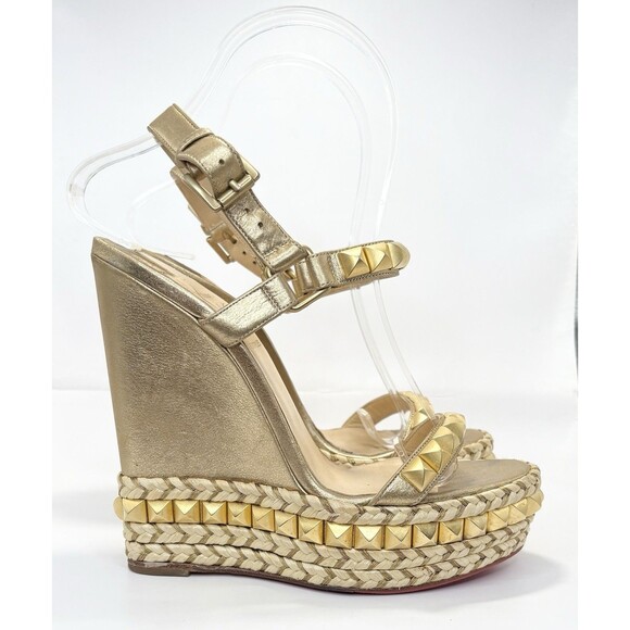 Christian Louboutin Leather Espadrille Wedges Gold w Spikes Cataclou 140 Sz 36 6 - Picture 1 of 14